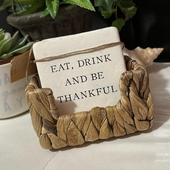NWT Set of 4 Coasters-Ceramic/Limestone-Printed Phrase-Basket To Store In - Picture 2 of 12